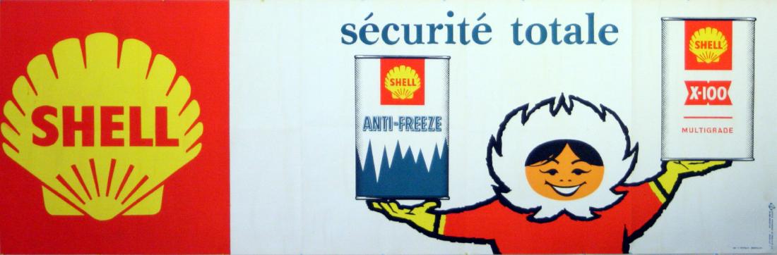 Advertising Poster Shell Eskimo People: Original vintage advertising poster for Shell, securite totale. Fun image of an Alaskan Aleut holding Shell anti-freeze and X-100 oil cans. Horizontal. Good condition, folds, paper remains on reverse.