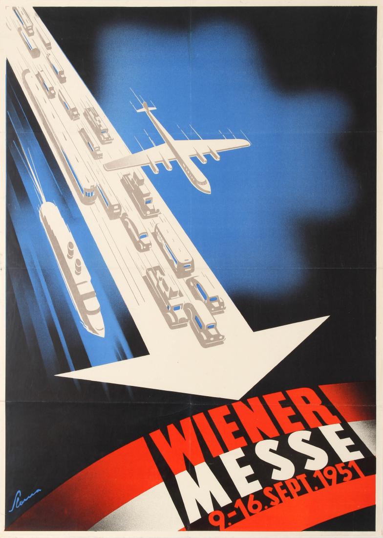 Advertising Poster Vienna Fair Wiener Messe Midcentury: Original vintage advertising poster for the Wiener Messe / Vienna Fair held 9-16 September 1951. Dynamic mid-century modern design by Victor Theodor Slama (1890-1973) featuring a convoy of trucks, coa
