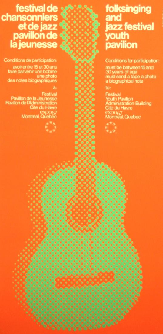 Advertising Poster Folk Singing and Jazz Festival: Original vintage music advertising poster for a Folk Singing and Jazz Festival, Montreal 1967. Image of a guitar with French and English on the sides. Very good condition, small tears on margins.Count
