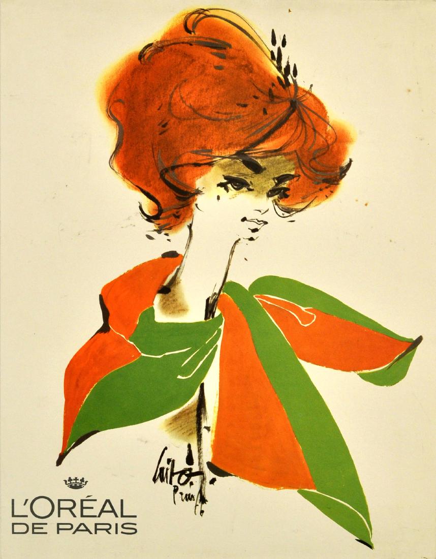 Advertising Poster L'Oreal de Paris: Original vintage advertising poster for L'Oreal de Paris featuring a lady with brown hair wearing a fashionable scarf. Design by Gui Po (?). L'Oreal (since 1909), is a leading hair products, cosmetics