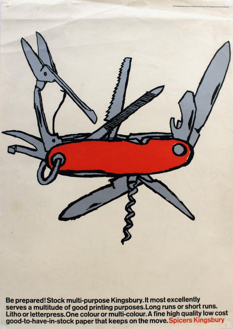Advertising Poster Spicers Kingsbury Swiss Army Knife: Original vintage advertising poster for Spicers Kingsbury featuring an image of a Swiss Army knife with text below: "Be prepared! Stock multi-purpose Kingsbury. It most excellently serves a multitude 