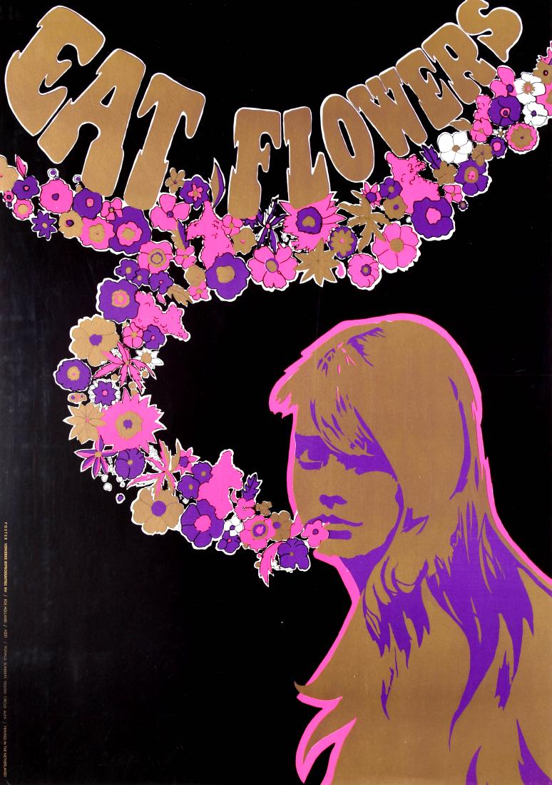 Advertising Poster Eat Flowers Psychedelic Hippie: Original vintage poster - Eat Flowers - featuring psychedelic artwork against a dark background showing colourful flowers coming out of the mouth of a young hippie lady with the title above. Printed i