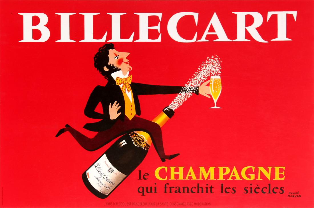 Advertising Poster Billecart Champagne Herve Moran: Original vintage drink advertising poster for Billecart the champagne that remains timeless throughout the centuries / Billecart le Champagne qui franchit les siecles. First published in 1959 as a rar