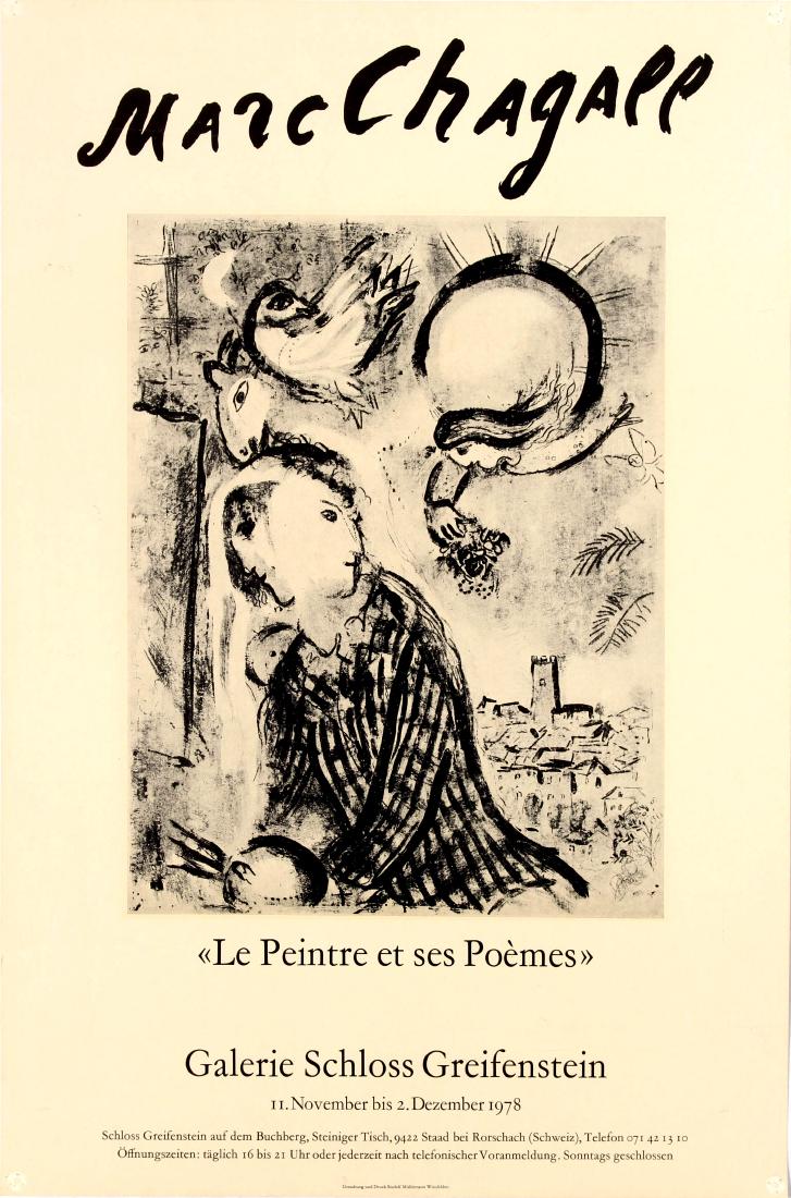Advertising Poster Marc Chagall Exhibition 1978: Original vintage advertising poster for an exhibition of work by Marc Chagall (1887-1985): The Painter and his Poems / Le Peintre et ses Poemes at the Galerie Schloss Greifenstein in Rorschach Switzer