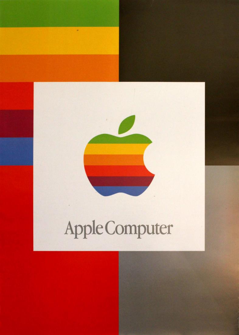 Advertising Poster Apple Computer: Original vintage advertising poster for Apple computer featuring a colourful image of the Apple logo in rainbow stripes with text below and coloured blocks in the background. Apple was founded by Stev