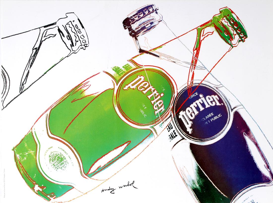 Advertising Poster Perrier Andy Warhol: Original vintage drink advertising poster for the French brand of natural sparkling mineral water Perrier. Great Pop Art screen print style image by the notable American artist Andy Warhol (1928-1987)