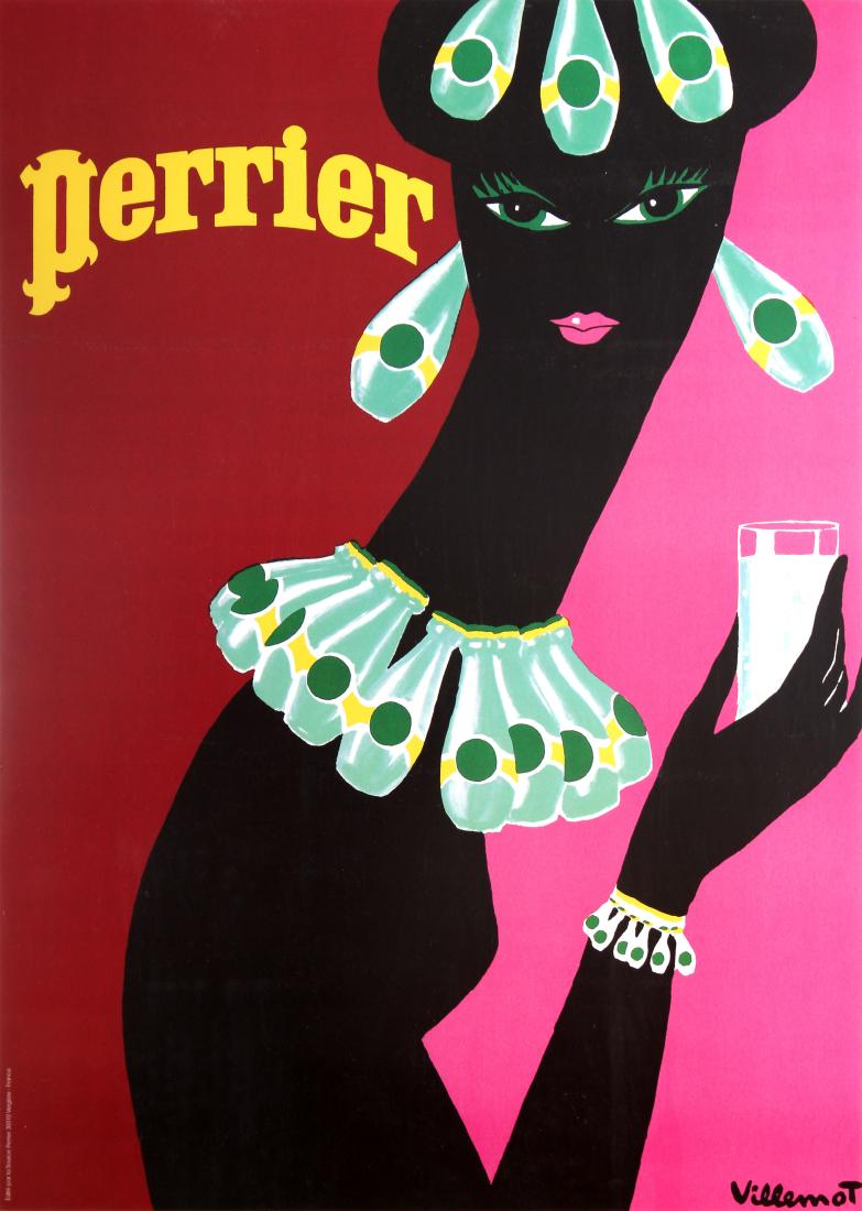 Advertising Poster Perrier Advertising Poster Villemot: Original vintage advertising poster for the French brand of natural sparkling mineral water Perrier. This great poster features a stylised artwork by renowned graphic artist Villemot depicting the sil