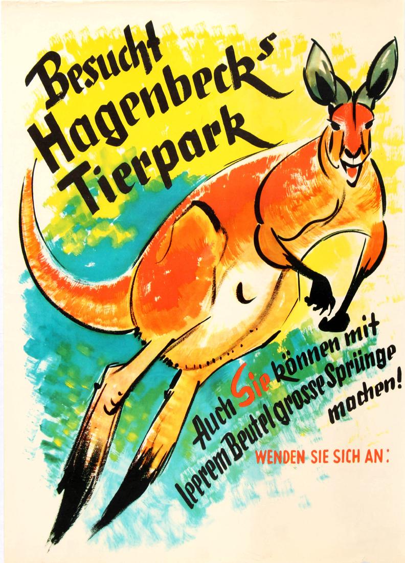Travel Poster Visit Hagenbeck Zoo: Original vintage travel advertising poster in German: Visit Hagenbeck Zoo â€“ Besucht Hagenbecks Tierpark Auch Sie konnen mit leerem Beutel grosse Sprungen machen! Colourful and fun featurin
