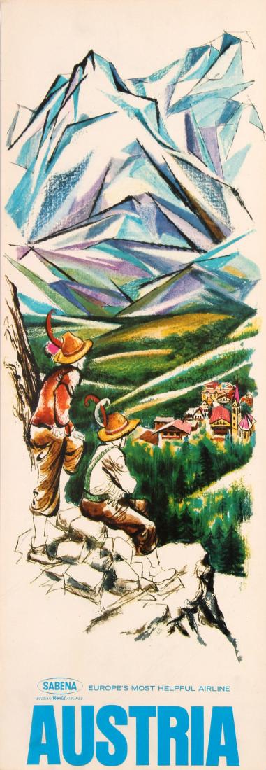 Travel Poster Sabena Austria: Original vintage travel advertising poster: Austria â€“ Sabena Belgian World Airlines â€“ Europeâ€™s most helpful Airline. Double sided poster featuring a colourful sceni