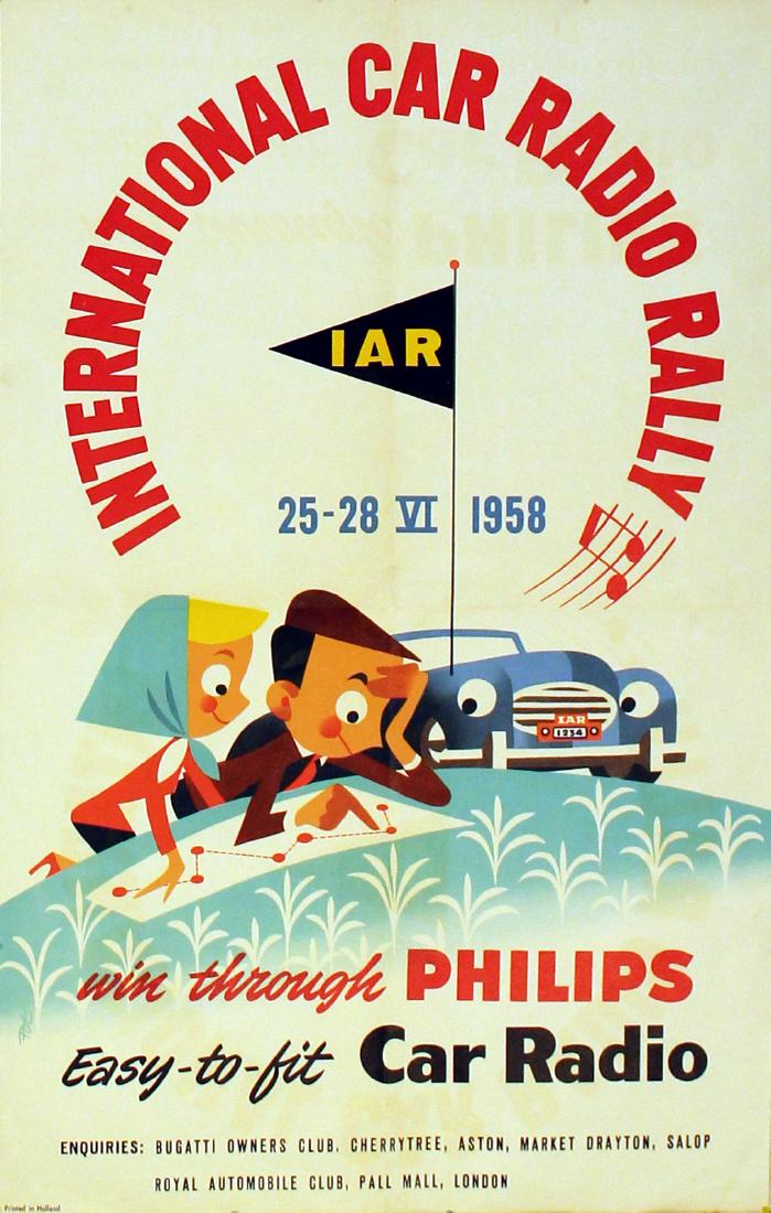 Sport Poster Philips International Car Radio Rally: Original vintage sports poster for the International Car Radio Rally, 25-28 June 1958. Win through Philips, easy-to-fit car radio, enquiries: Bugatti Owners Club, Cherry Tree, Aston, Market Drayton, S