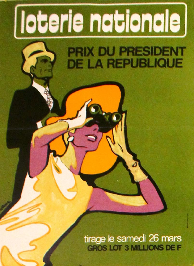 Sport Poster National Lottery - Horse Racing: Original vintage poster for the Prix du President de la Republique, Loterie Nationale. Image of a fashionably dressed lady holding binoculars and a gentleman wearing a top hat following the horse race