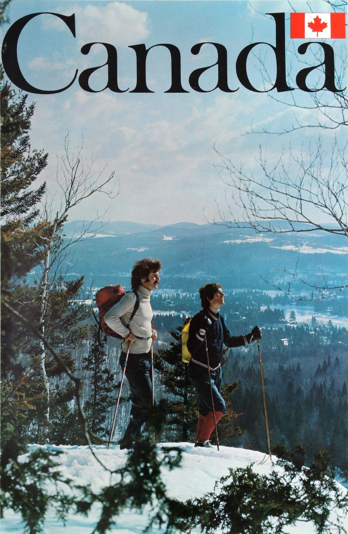Sport Poster Canada Skiing Winter Sport: Original vintage travel advertising poster promoting winter holidays and skiing in Canada with a photographic image showing two cross-country skiers standing on a hill in the bright winter sunshine in