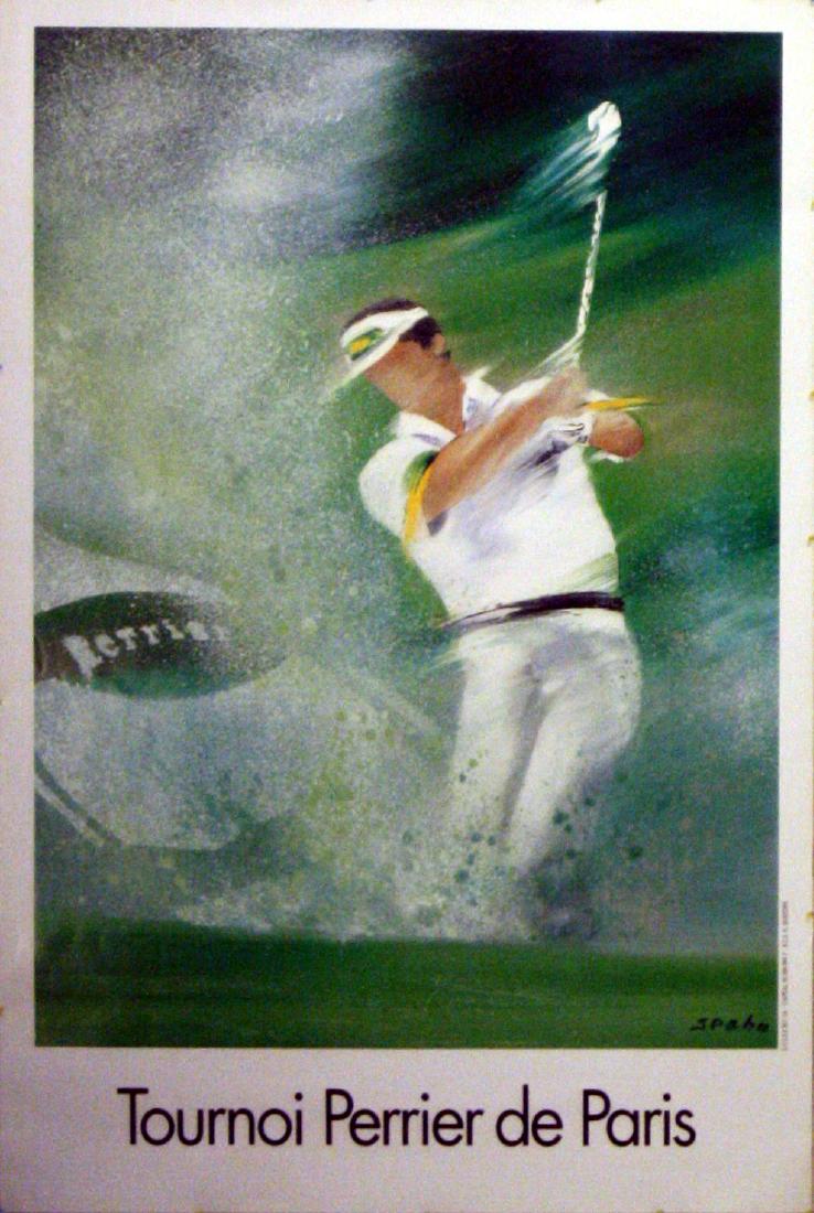 Sport Poster Golf Paris Perrier Tournament: Original vintage poster for the Paris golf tournament sponsored by Perrier water drink featuring a dynamic image of a golfer's swing as he hits the ball. Excellent condition.Country: France, year: 198