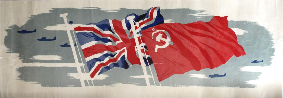 War Poster USSR UK WWII: Original vintage World War Two poster featuring planes flying behind two large flags: the Union Jack of the United Kingdom (UK) and the hammer and sickle of the Soviet Union (USSR). Horizontal. Good c