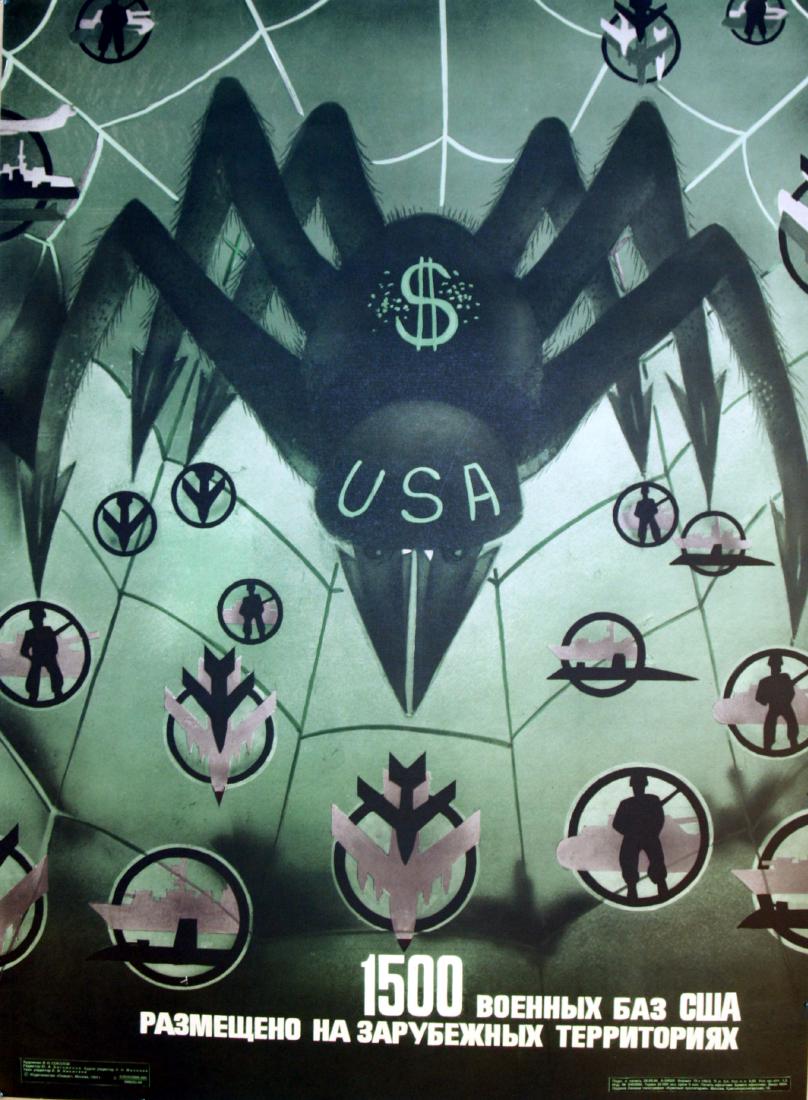 Propaganda Poster USA Military US Army Bases Spider: Original vintage propaganda poster: USA - Military Spiderweb - 1500 army bases on foreign territories. Good condition, one tear.Country: Russia, year: 1984, designer: V Sokolov, size(cm): 65x47.7.