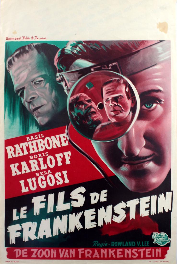 Movie Poster Son of Frankenstein Karloff: Original vintage Belgian re-release poster for the classic 1939 sci-fi film, Son of Frankenstein (Le fils de Frankenstein), the monster horror thriller directed by Rowland V. Lee based on the book by
