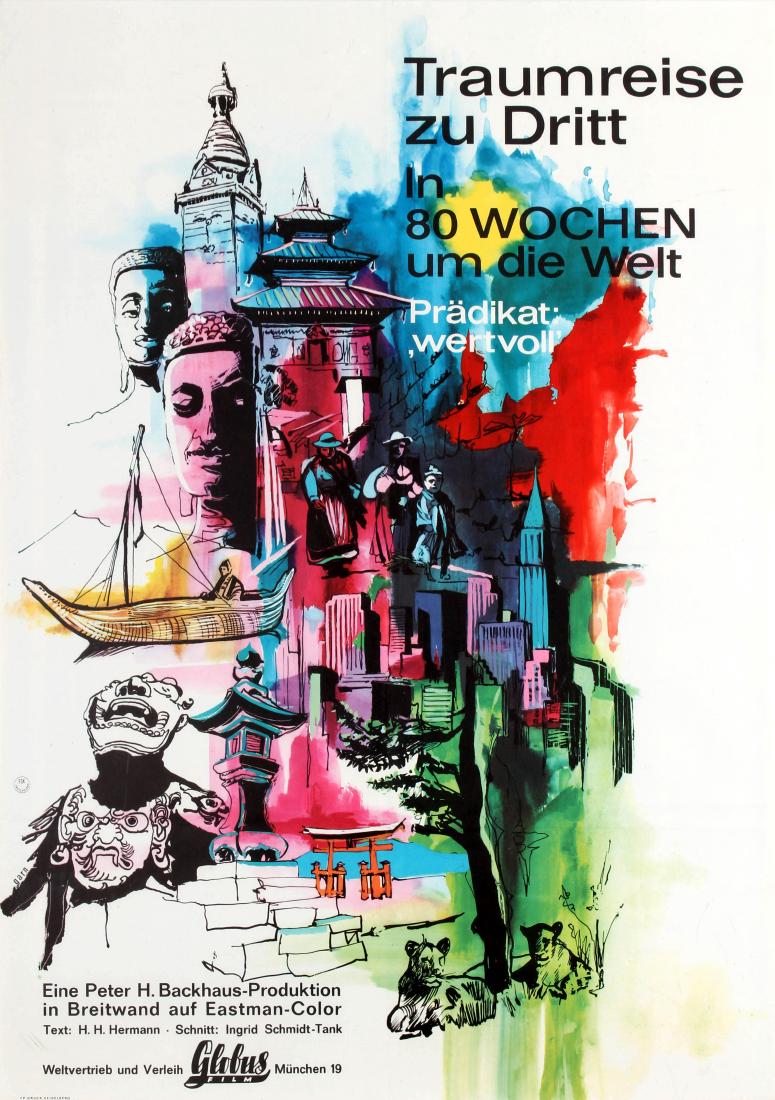Movie Poster Around The World In 80 Weeks: Original vintage movie poster for a German documentary film Traumreise Zu Dritt In 80 Wochen um die Welt (Dream Trip 80 weeks around the World) a Peter H. Backhaus-Produktion released in Eastman-Color
