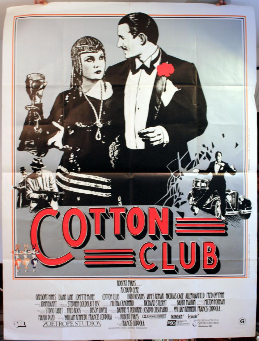 Movie Poster Cotton Club Art Deco: Large original movie poster for a French release of a film Cotton Club. Fantastic image in Art Deco style in simple black and silver with a splash of red, featuring a couple in the foreground - the la
