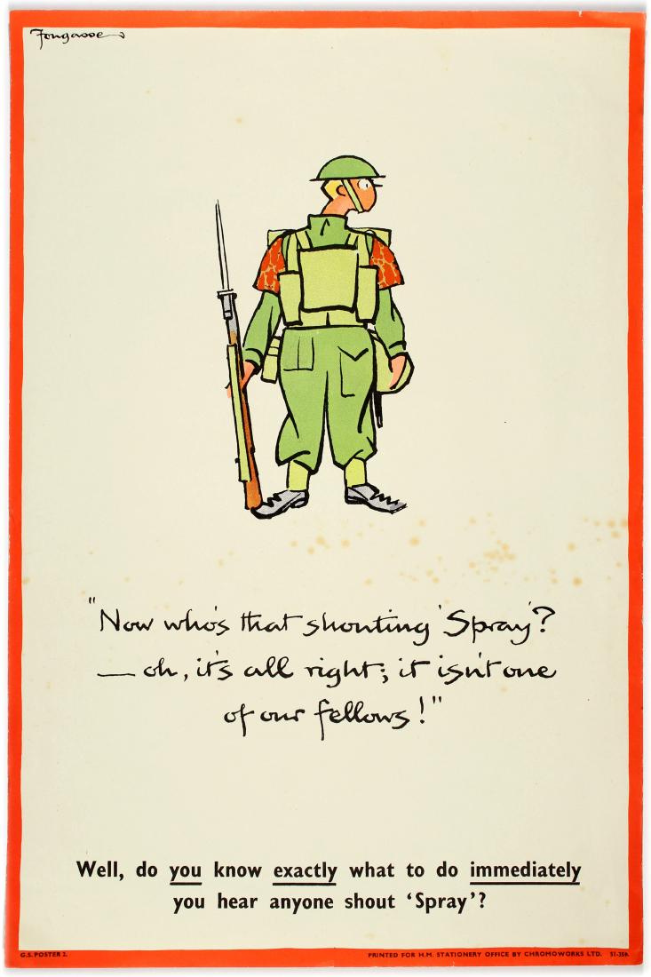 WWII Propaganda Poster Fougasse Chemical Warfare: Original vintage World War Two UK propaganda poster: "Now who's that shonting Spray? - oh, it’s right. It isn't one of your fellows!". Good condition, small tears on margins, rusty spots on the imag