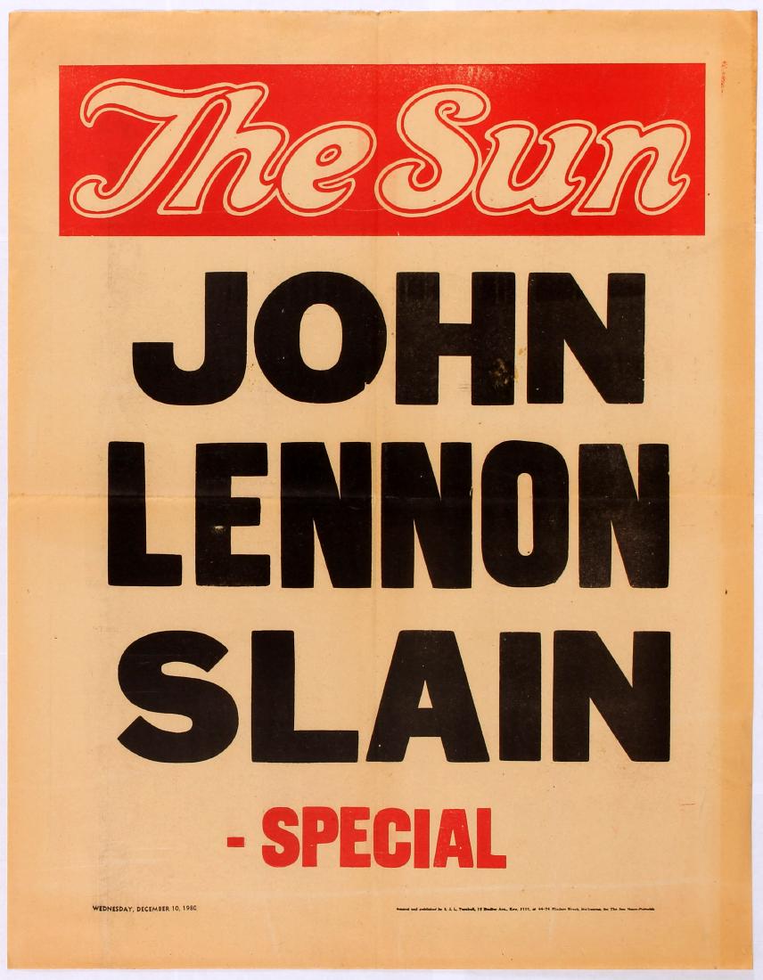 Advertising Poster The Sun John Lennon Slain Special: Original vintage advertising poster issued by the newspaper The Sun John Lennon Slain. Advertising board poster issued for display on news stands selling newspapers and magazines. This poster wa print