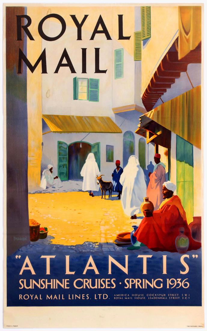 Travel Poster Royal Mail Atlantis Morocco North Africa: Original vintage travel advertising poster: Royal Mail - Atlantis - Sunshine Cruises - Spring 1936. The Royal Mail Steam Packet Company was a British shipping company founded in London in 1839 by a Sc