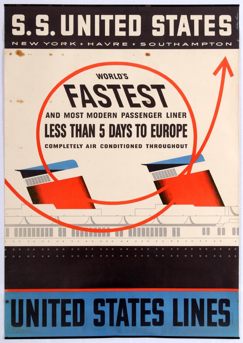 Travel Poster S.S. United States Shipping Cruise Line: Original vintage travel advertising poster: S.S. United States - World's Fastest And Most Modern Passenger Liner. The SS United States is a retired luxury passenger liner built in 1950–51 for United