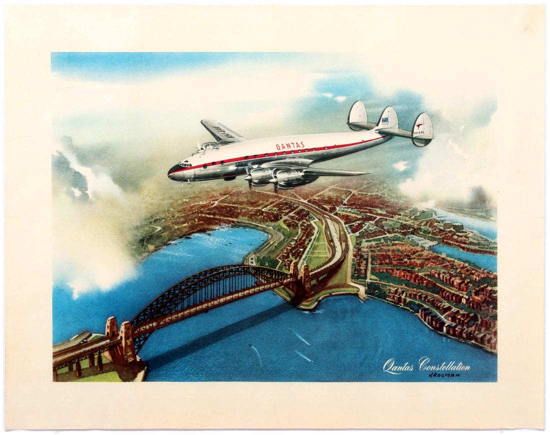 Travel Poster Qantas Lockheed Constellation Krogman: Original vintage travel advertising poster Qantas Constellation. The Lockheed Constellation ("Connie") is a propeller-driven, four-engined airliner built by Lockheed Corporation between 1943 and 1958 