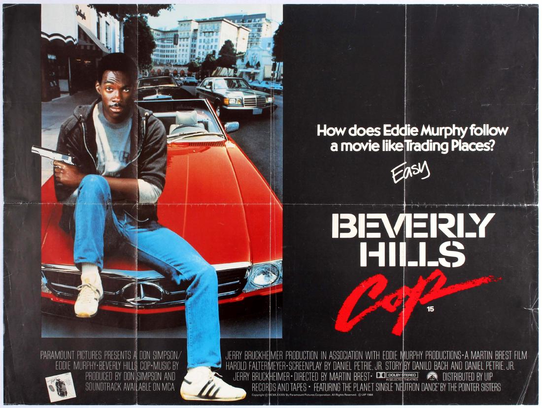 Movie Poster Beverly Hills Cop Eddie Murphy UK Quad: Original vintage movie poster for UK release of American crime comedy Beverly Hills Cop directed by Martin Brest starring Eddie Murphy, Judge Reinhold and John Ashton. Good condition, folded, small te