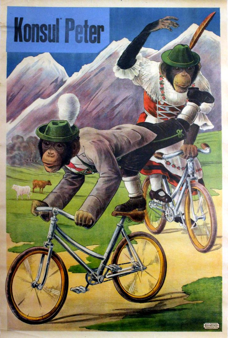 Advertising Poster Monkeys on Bicycles Circus Act: Monkeys on Bicycles Circus Act Konsul Peter Original antique circus advertising poster for Konsul Peter - Consul Peter - featuring two monkeys performing on bicycles, the first one dressed in traditio