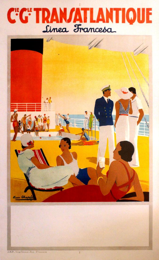 Advertising Poster French Line Transatlantic Art Deco: French Line Transatlantic Art Deco Original vintage cruise line poster advertising travel on the Linea Francesa with Compagnie Generale Transatlantique. Colourful and stylish Art Deco image featuring 