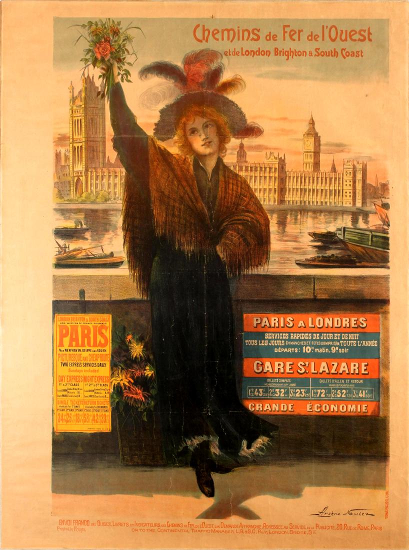 Travel Poster Chemins de Fer de l'Ouest London Brighton: Chemins de Fer de l'Ouest London Brighton & South Coast Railway Art Nouveau Original antique travel advertising poster published by Western of France Railways / Chemins de Fer de lââ‚¬â