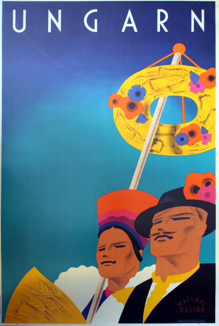 Travel Poster Hungary Ungarn Art Deco: Hungary - Ungarn Original vintage travel advertising poster for Hungary featuring a couple in traditional folk dress. Art Deco design by Mallasz-Dallos, the Hungarian graphic artist friends, Hanna Dal