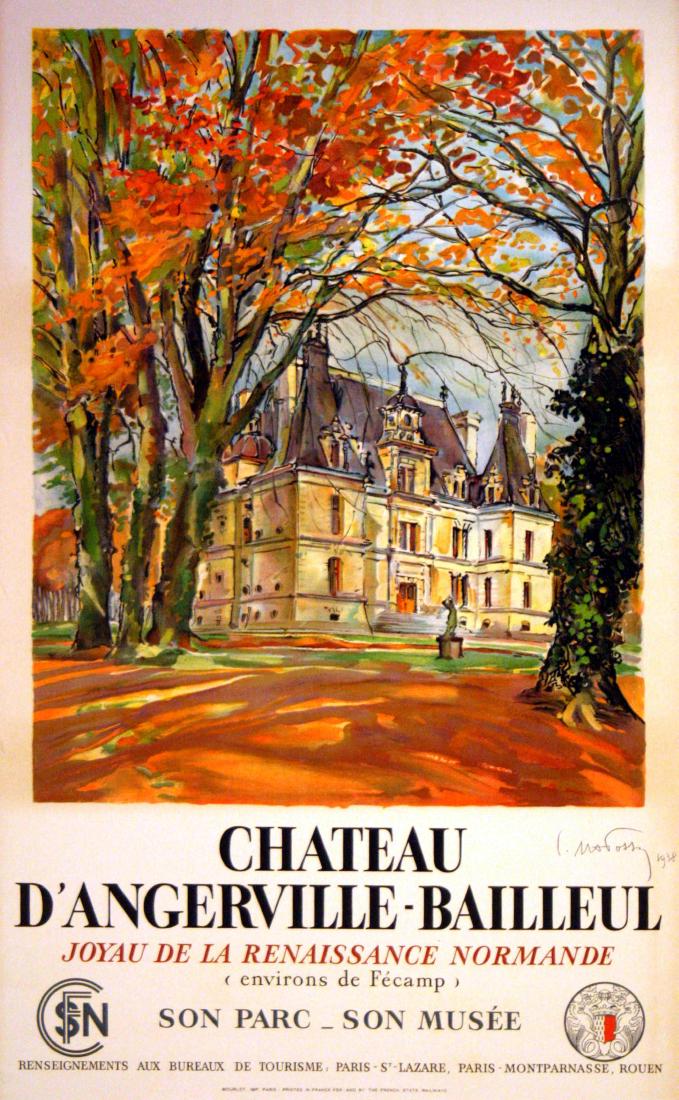 Travel Poster Chateau d'Angerville SNCF: Chateau d'Angerville SNCF Original vintage travel advertising poster for the French National Railways (SNCF): Chateau d'Angerville - Bailleul, Normandie, Environs de Fecamp. Published by the French To