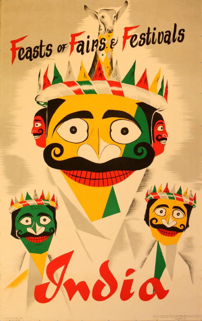 Travel Poster India Bombay Festivals Masks: India Original vintage travel poster for India - Feasts of Fairs and Festivals. Printed in Bombay (now Mumbai). Fun and colourful image featuring crowned masks. Good condition, minor bumps on margins,