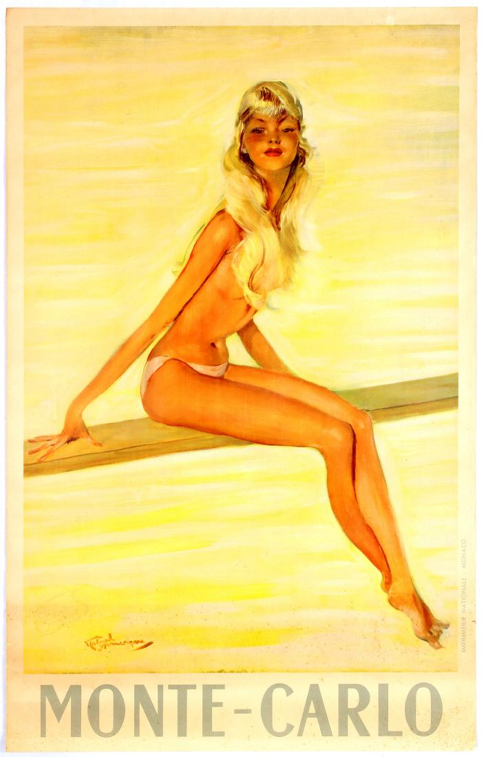 Travel Poster Monte Carlo Diving Board Girl Domergue: Monte Carlo Diving Board Girl Domergue Original vintage travel poster advertising Monte Carlo by the French painter Jean Gabriel Domergue (1889-1962), issued by the Monaco Imprimerie Monaco. Elegant p