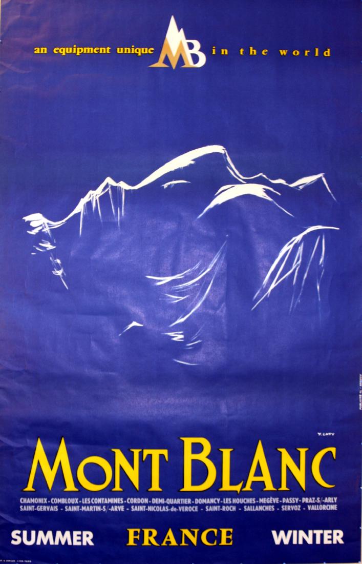 Ski Poster Mont Blanc Chamonix Megeve: Mont Blanc Original vintage travel poster advertising Mont Blanc, France. Summer and Winter. List of resorts include popular skiing and summer destinations: Chamonix, Megeve, St Gervais and others. Gr