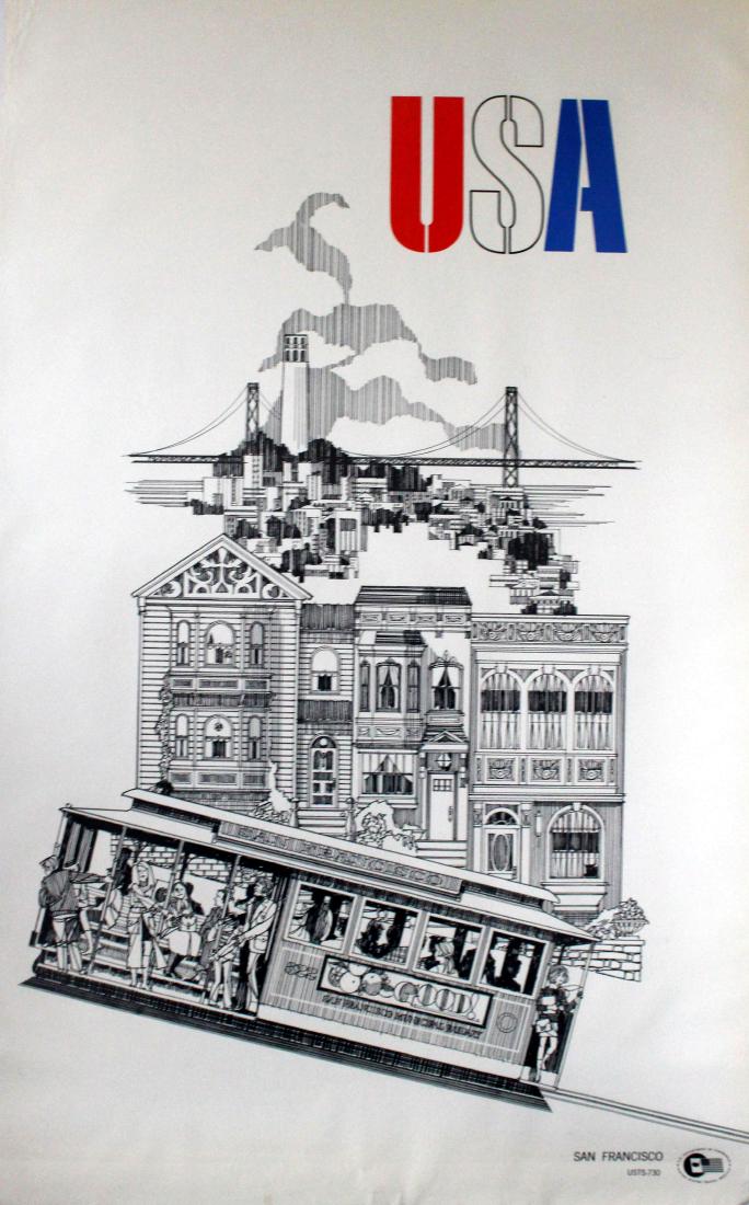 Travel Poster San Francisco USA Goden Gate Bridge Tram: San Francisco USA Original vintage travel poster for San Francisco featuring a tram going up a hill with the Golden Gate Bridge on the horizon behind the city skyline. Issue by the US Department of Co