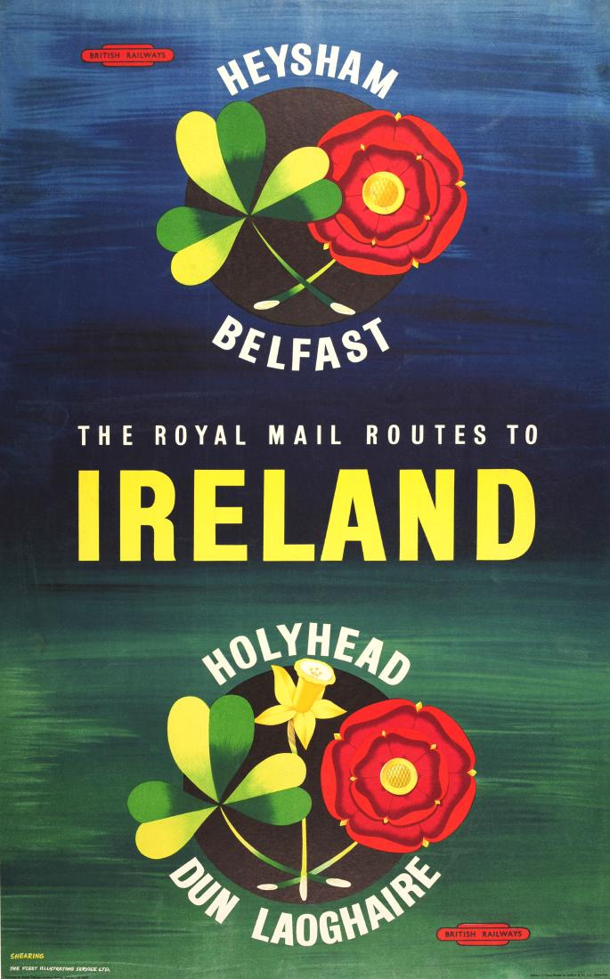 Travel Poster Ireland Heysham Belfast British Railways: Ireland Heysham Belfast British Railways Original vintage British Railways travel advertising poster: Heysham / Belfast - The Royal Mail Routes to Ireland - Holyhead / Dun Laoghaire. Artwork featuring