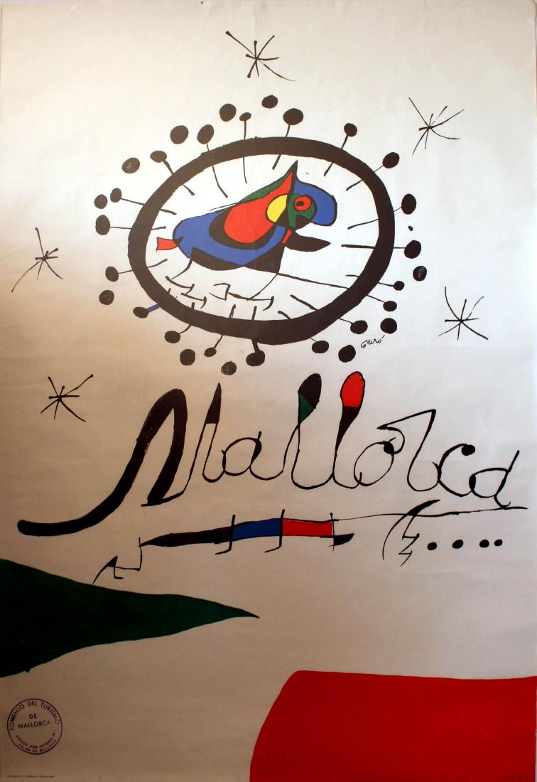 Travel Poster Mallorca Spain Joan Miro: Mallorca Spain Original vintage travel poster for Mallorca (or Majorca) Spain, featuring a colourful abstract image by the Spanish artist, Joan Miro (Joan Miro i Ferra; 1893-1983). Stamp of the Touris