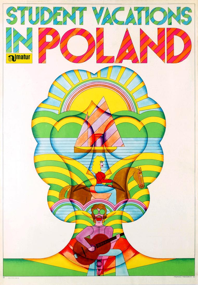 Travel Poster Student Vacations in Poland: Student Vacations in Poland Original vintage travel advertising poster: Student Vacations in Poland. Colourful psychedelic flower power style design by the Polish graphic artist Andrzej Krajewski (b 1