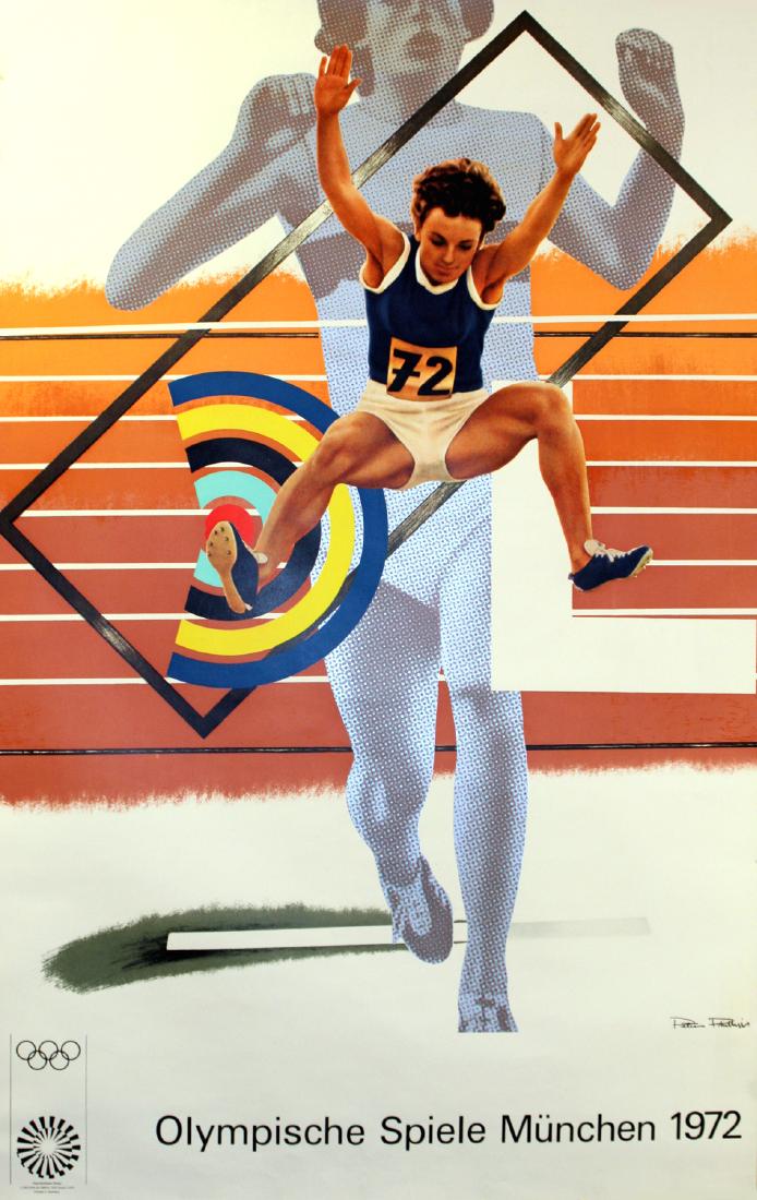 Sport Poster Munich Olympics - Athletics: Munich Olympics - Athletics Munich Olympic (Olympische Spiele Munchen) poster by British artist Peter Phillips, one of the series of posters by various popular artists of the period (Peter Phillips, H