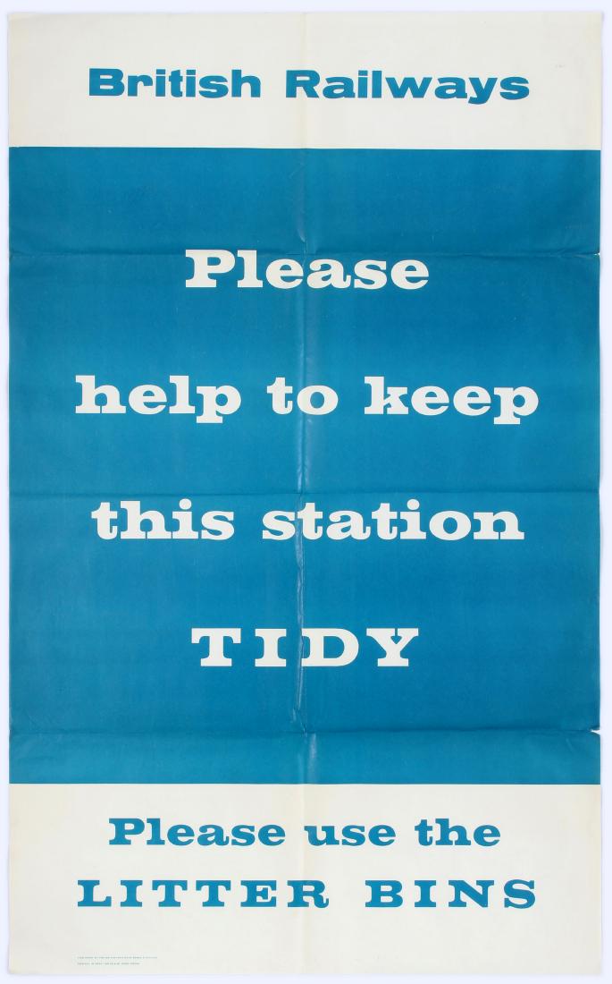British Railways Poster Keep this station tidy: Original vintage railway poster instructing the public to use litter bins. Good condition, fold marks slight creasing and small tears on right margin. Country: UK Year: 1960s. Designer: Unknown Size:1