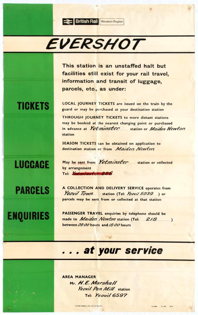 Evershot British Railway Station Notice Poster: Original vintage public notice poster for Evershot railway station. Fair condition, fold marks, tears, staining and some handwriting at the foot of the poster. Country:UK Year: 1970s. Unknown Designer