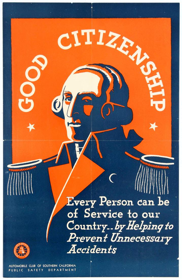 Road Safety Poster USA California Art Deco Citizenship: Original vintage public safety poster Good Citizenship released by the Automobile Club of Southern California. Good condition, fold marks, minor loss and tears. Country: USA Year: 1930s Designer: Unkn