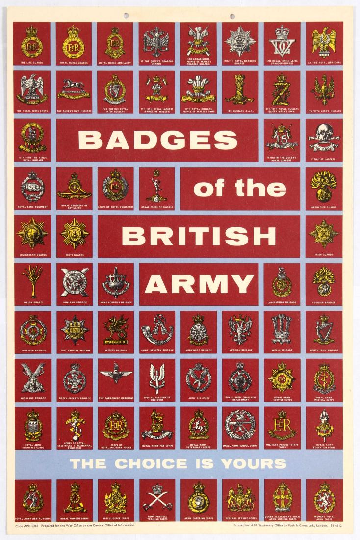 Propaganda Poster Badges of the British Army: Original vintage military poster showing the badges for different regiments of the British army, on thick paper. Excellent condition, punched holes at the top. Country:UK Year: 1960s Designer:Unknown 