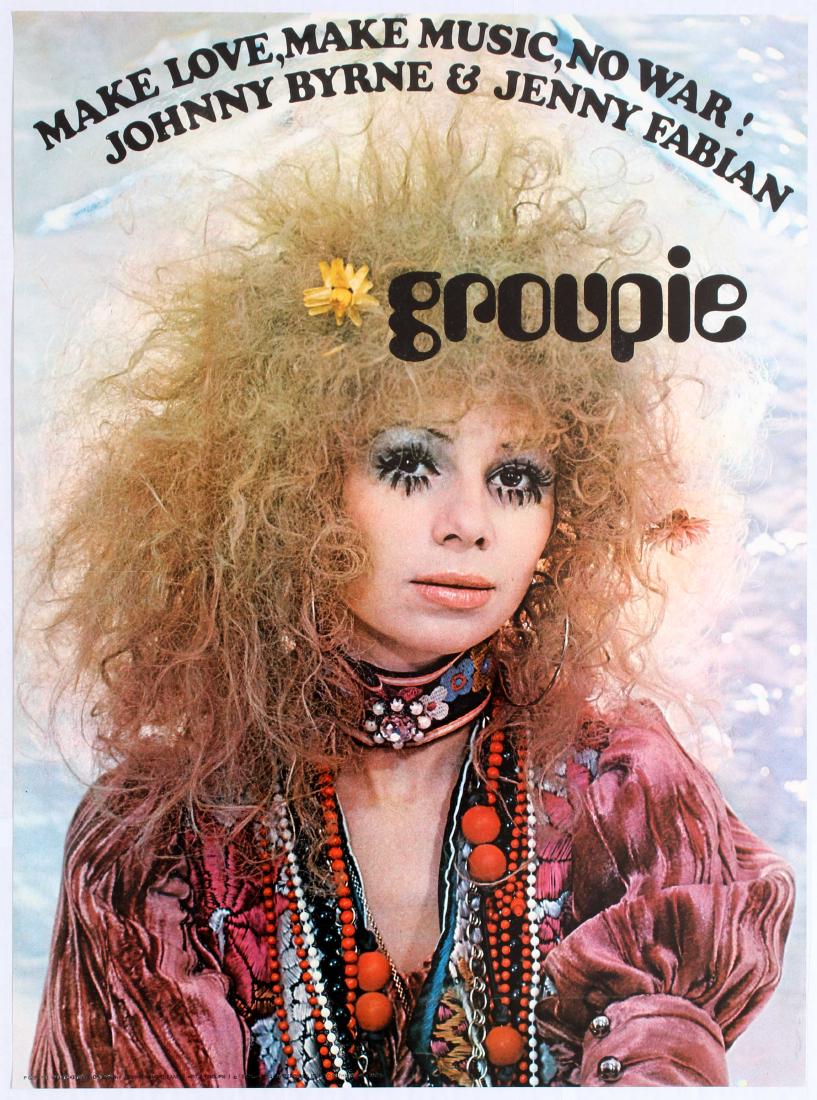 Advertising Poster Groupie Johnny Byrne Jenny Fabian: Advertising original vintage poster Groupie Johnny Byrne & Jenny Fabian - Make Love, Make Music, No War! Excellent condition. Country: Holland. Year: 1970s. Artist: Unknown. Size (cm): 73.5x54.5.