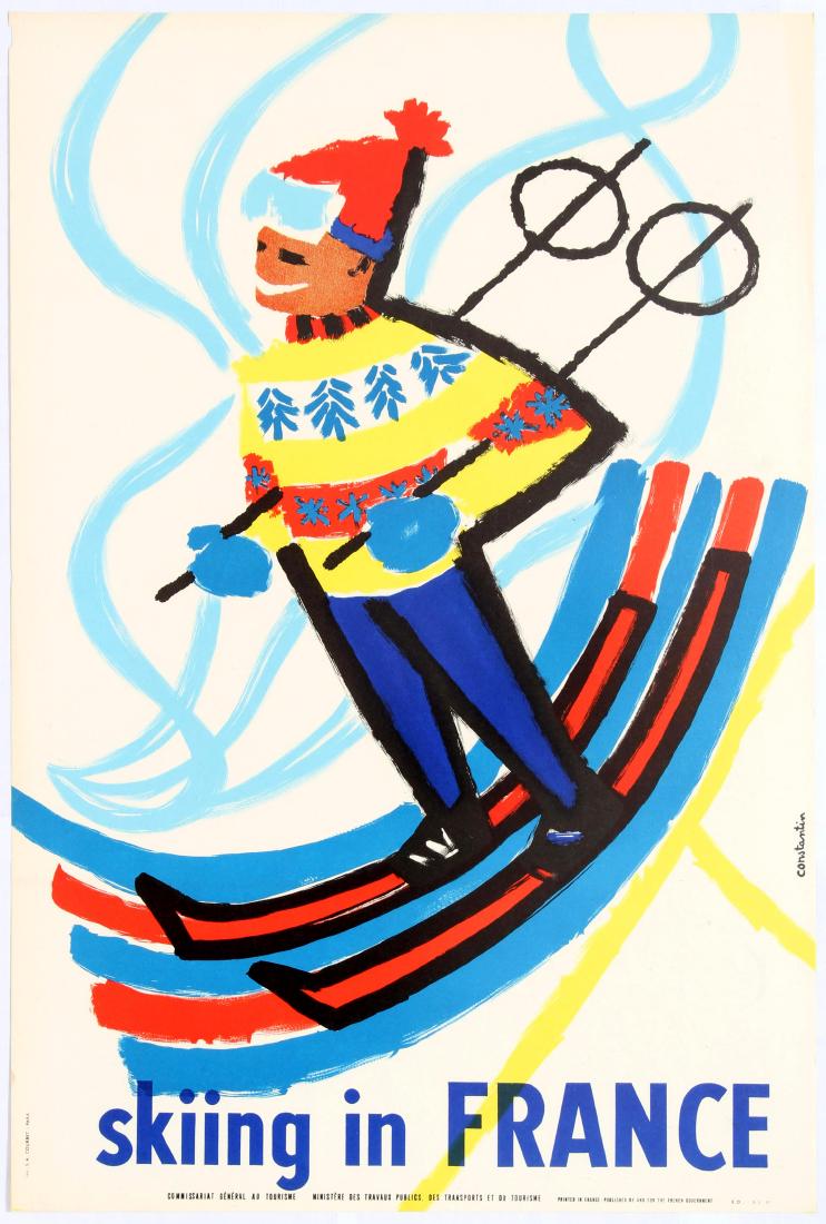Travel Poster Skiing in France Midcentury Modern: Original vintage poster advertising Skiing in France. Fun and colourful mid-century image of a skier. Very good condition, faint staining, small loss on top left margin. Country: France. Year: 1959. A