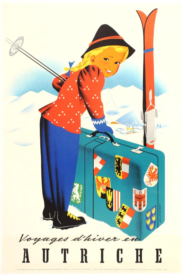 Travel Poster Skiing Winter Sport Austria Mountains: Original vintage ski poster promoting winter sports in Austria. Great artwork featuring a traditionally dressed young girl in front of her suitcase covered with stickers of major Austrian ski resorts 
