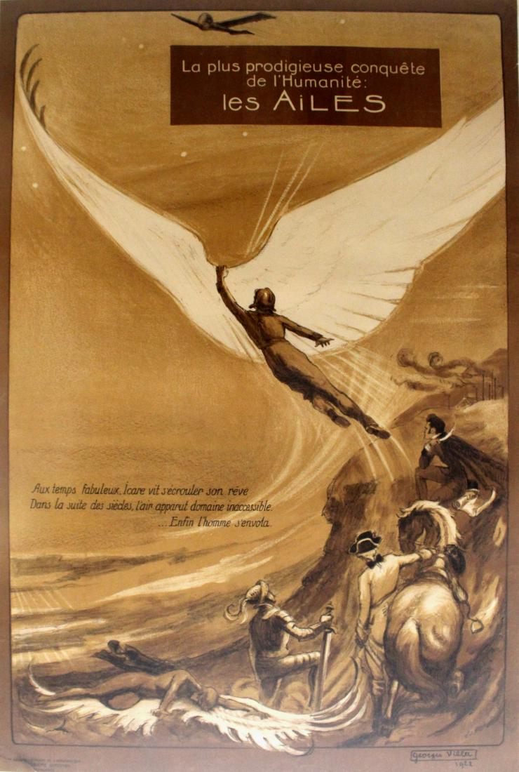 Advertising Poster Les Ailes Wings Icarus Aviation: Original vintage poster by the French artist, Georges Villa (1883-1965). Stunning image featuring a man with wings flying up to a plane in the sky with people from various time periods depicted below,