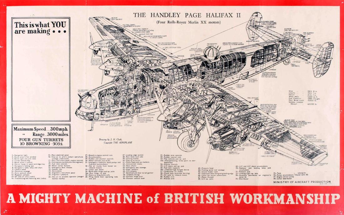 War Poster Cutout Handley Page Halifax ll Airplane WWII: Original vintage British World War Two propaganda poster: The Handley Page Halifax ll ââ‚¬â€œ This is what you are makingââ‚¬¦ A mighty machine of British workmanship. F